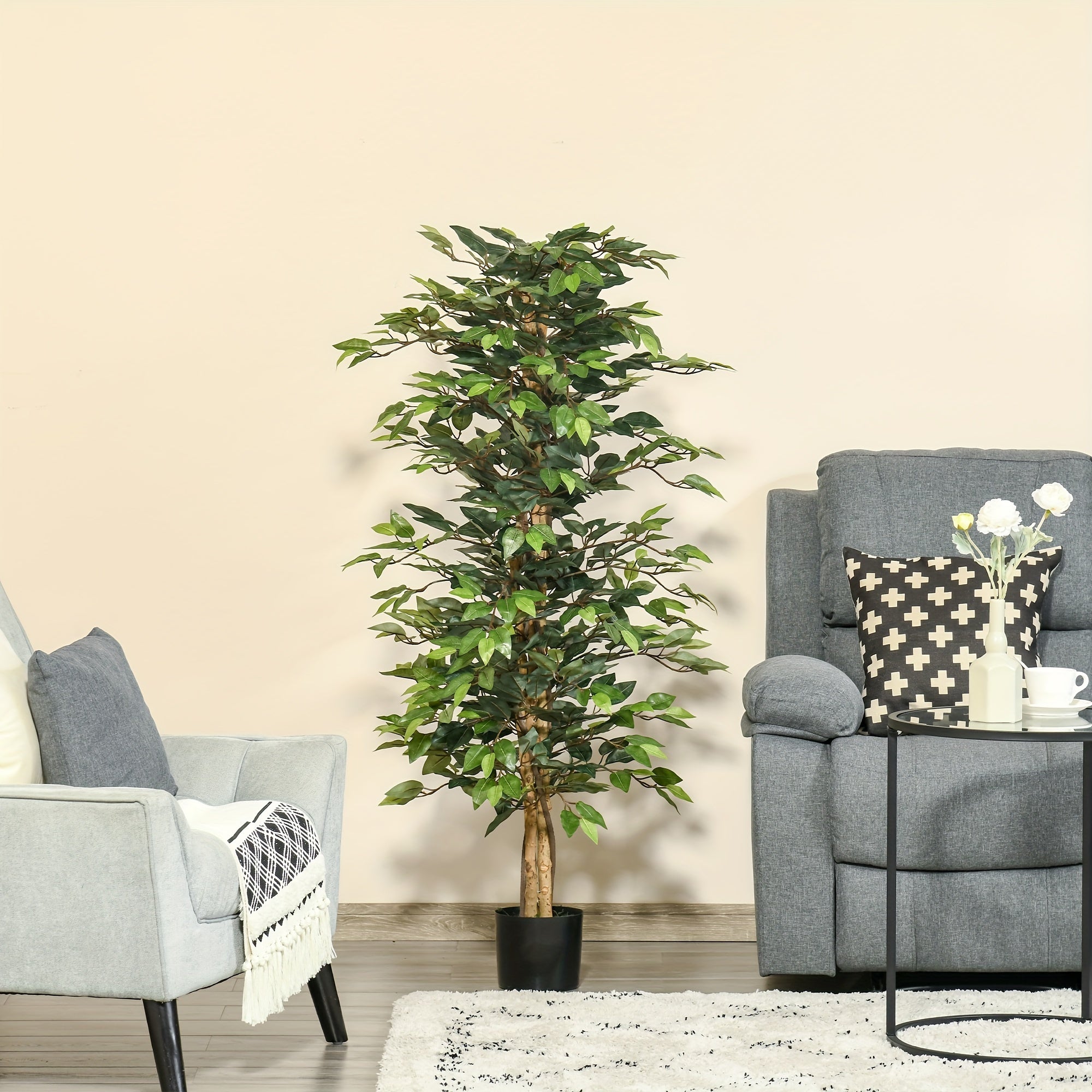 Arbre artificiel en Ficus de 5 pieds, faux arbre avec feuilles, plante artificielle dans un pot de pépinière pour la décoration intérieure et extérieure