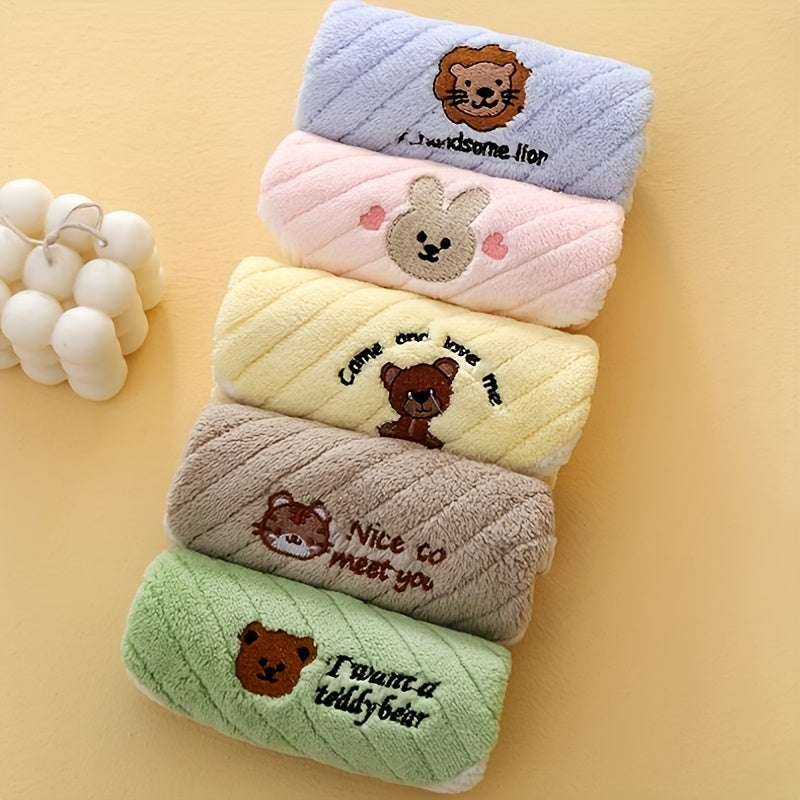 5pcs Coral Fleece Baby & Toddler Soft Absorbent Square Towels - Cute Animal Designs (Bear, Rabbit, Piglet) with Inspirational Quotes, Mixed Pastel Colors for Infants, Nursery & Travel, Travel Baby Towels | Decorative Baby Item | Soothing Baby Colors