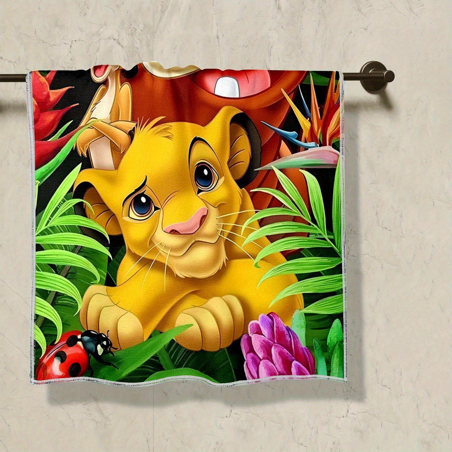 1pc The Lion King Cartoon Bath Towel - Super Absorbent, Fade-Resistant 100% Polyester, Soft Hand & Face Towel with Vibrant Jungle Design, Perfect for Families, Dorms, Travel - Ideal Christmas Gift, Cute Towels