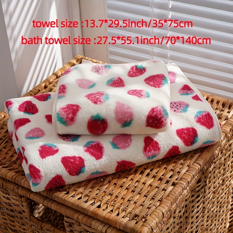 1 Set Little Strawberry Cartoon Bath Towel Set, Super Absorbent Fast Drying, 300 GSM, 89% Polyester 11% Nylon Knitted Fabric, Handtowel