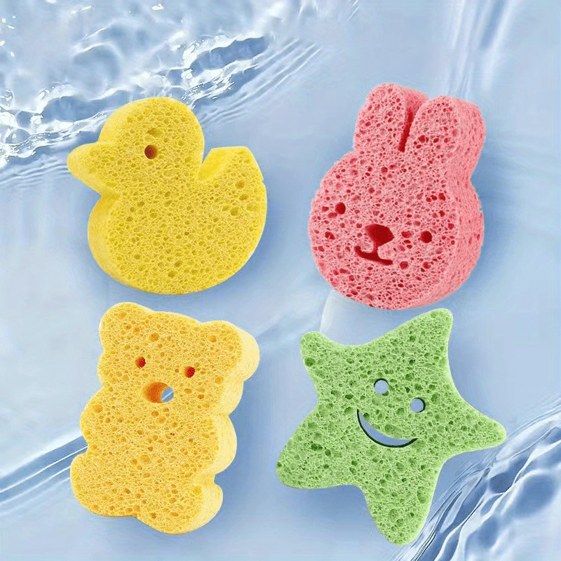 4pcs Adorable Cartoon Animal Bath Sponges - Éponge à langer douce et délicate pour exfolier le visage et le corps, avec des motifs d'ours, de lapin, d'étoile et de canard, accessoire de bain