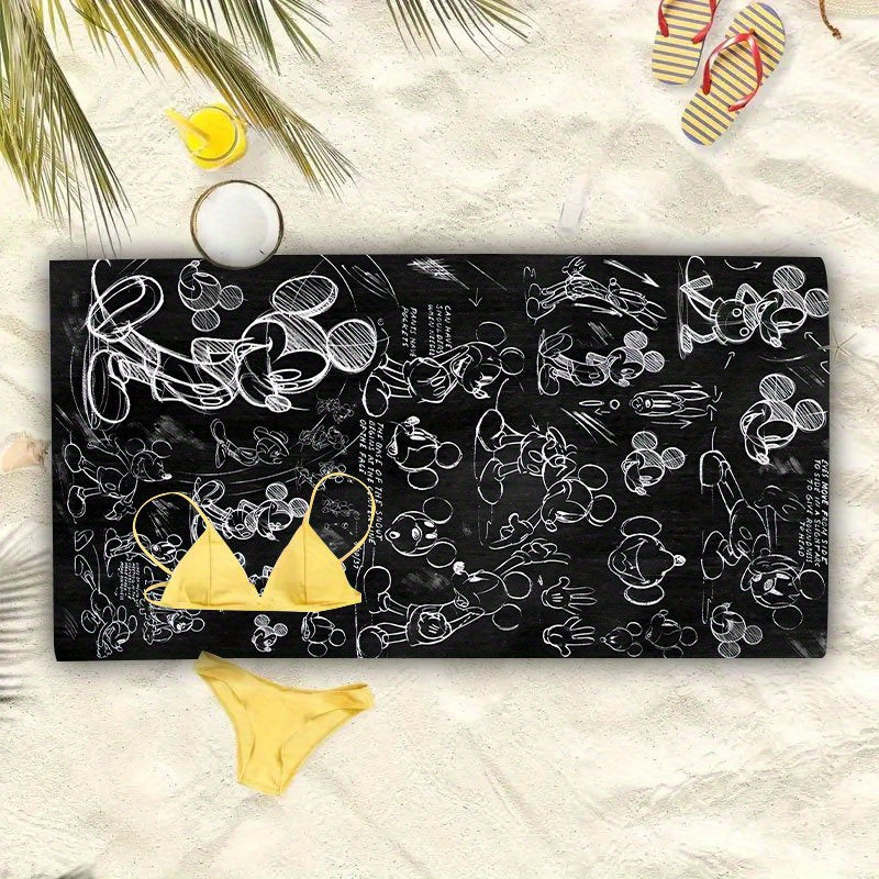 1pc Disney Mickey Mouse Beach Towel - Quick-Dry Absorbent Polyester, Soft Yoga Travel Swimming Fitness Camping Towel with Black & White Line Art Design, Hand Wash Only, Beach Blanket