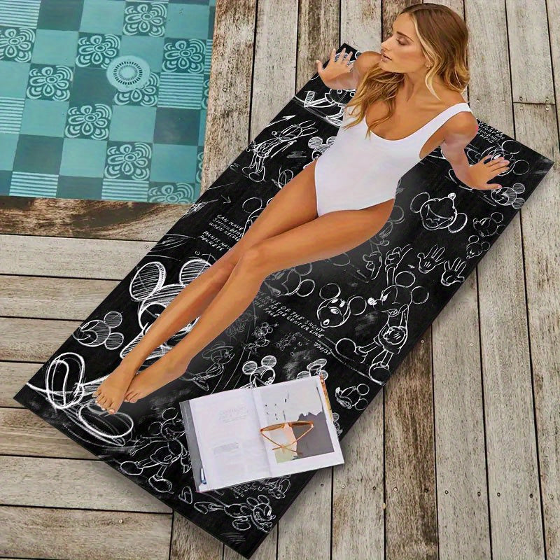 1pc Disney Mickey Mouse Beach Towel - Quick-Dry Absorbent Polyester, Soft Yoga Travel Swimming Fitness Camping Towel with Black & White Line Art Design, Hand Wash Only, Beach Blanket