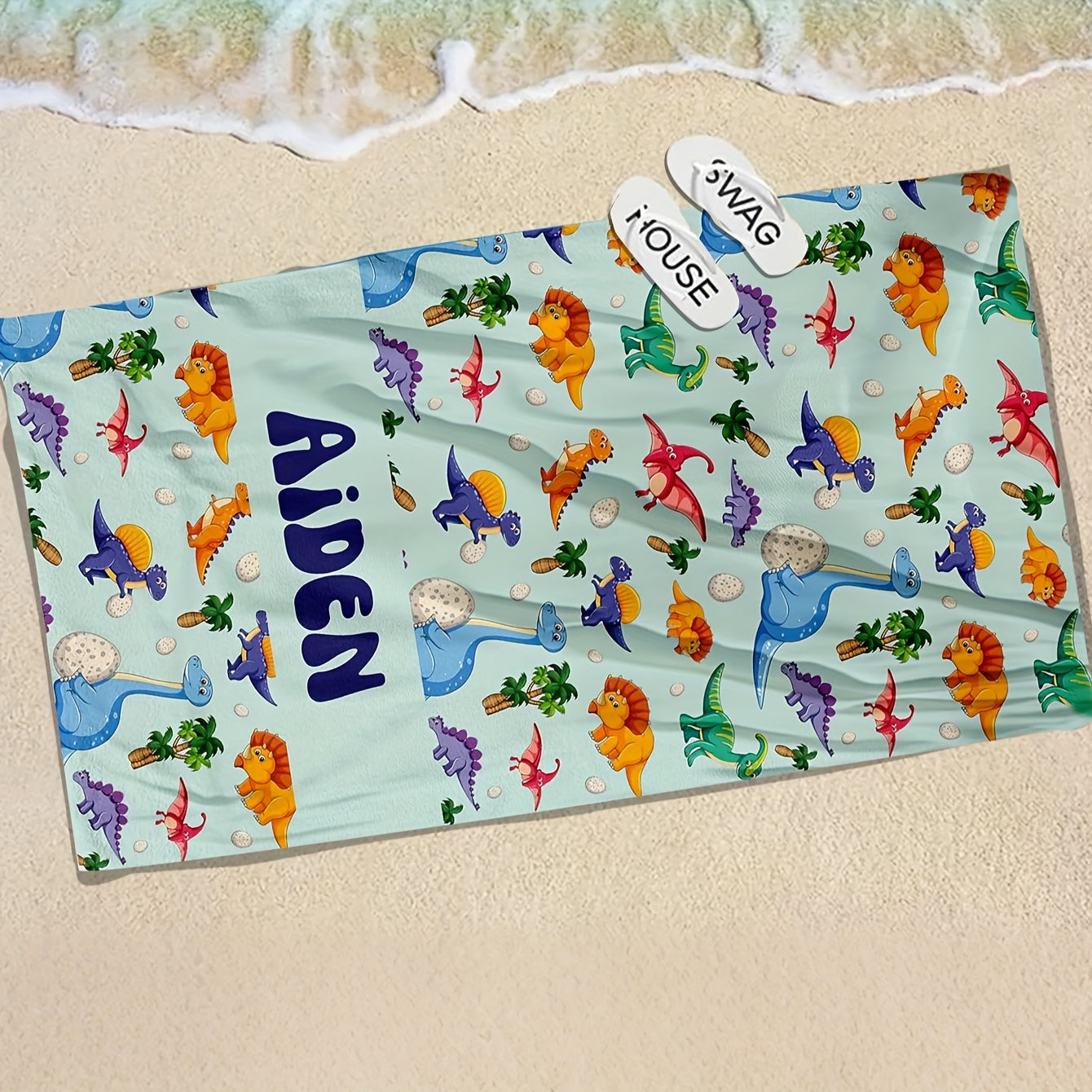 Personalized Dinosaur Beach Towel 51x71 Inches - Custom Text, Soft Microfiber, High Absorbency, Vibrant Dinosaur & Palm Tree Design, Large Bath & Beach Towel, Unique Gift for, Bath Towel | Custom Text Towel | Durable Beach Gear