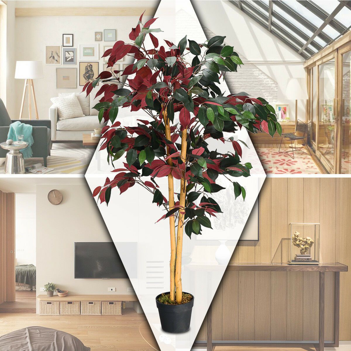 TANGKULA 4-Feet Artificiel Bush Rouge\u002FVert Feuilles Intérieur-Extérieur Maison