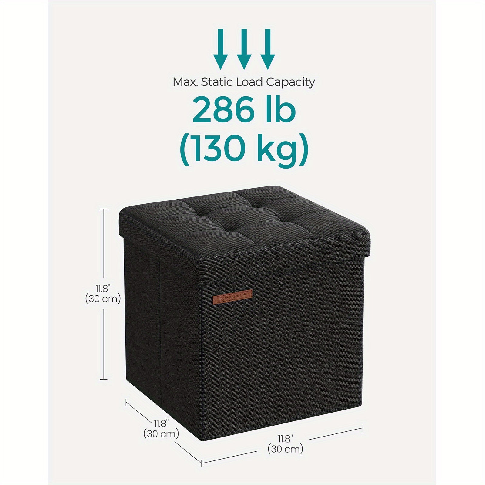 SONGMICS Foldable Storage Ottoman, 11.8 Inch Cube Foot Stool with Sturdy Wooden Frame, Black Compact Footrest for Relaxation and Organization, Supports up to 286 lb