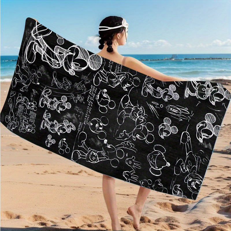 1pc Disney Mickey Mouse Beach Towel - Quick-Dry Absorbent Polyester, Soft Yoga Travel Swimming Fitness Camping Towel with Black & White Line Art Design, Hand Wash Only, Beach Blanket