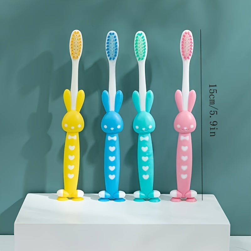 4 brosses à dents souples à tête petite - Motifs ours et lapin, soies fines, 4 couleurs macaron