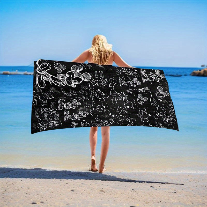 1pc Disney Mickey Mouse Beach Towel - Quick-Dry Absorbent Polyester, Soft Yoga Travel Swimming Fitness Camping Towel with Black & White Line Art Design, Hand Wash Only, Beach Blanket