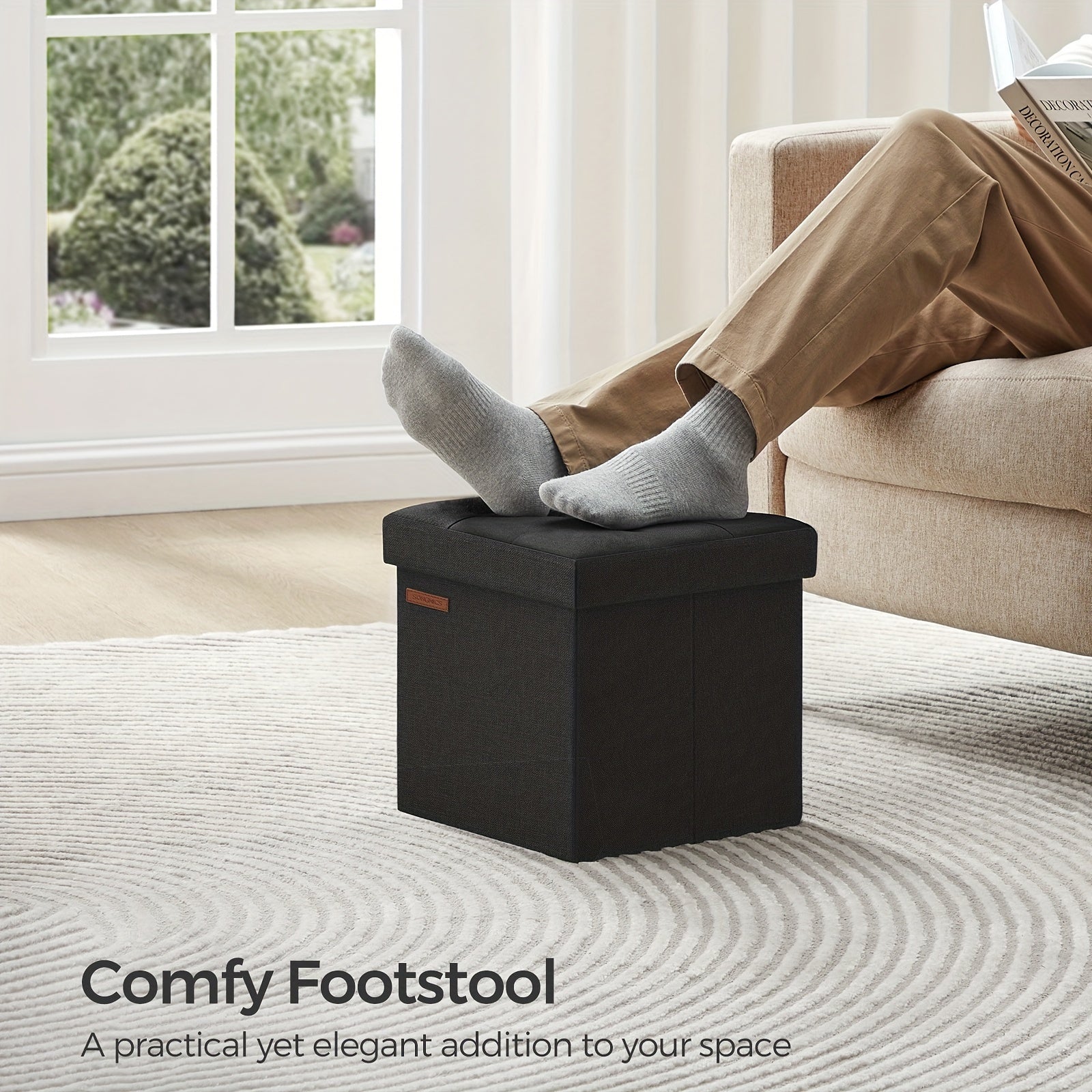 SONGMICS Foldable Storage Ottoman, 11.8 Inch Cube Foot Stool with Sturdy Wooden Frame, Black Compact Footrest for Relaxation and Organization, Supports up to 286 lb
