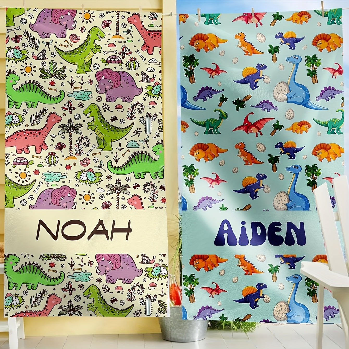 Personalized Dinosaur Beach Towel 51x71 Inches - Custom Text, Soft Microfiber, High Absorbency, Vibrant Dinosaur & Palm Tree Design, Large Bath & Beach Towel, Unique Gift for, Bath Towel | Custom Text Towel | Durable Beach Gear