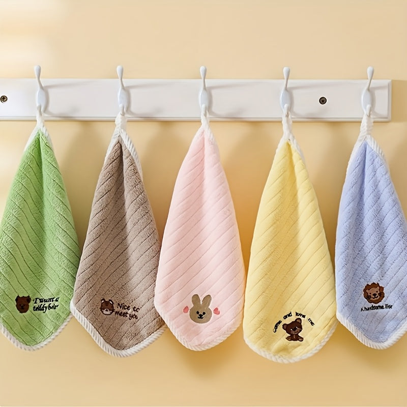 5pcs Coral Fleece Baby & Toddler Soft Absorbent Square Towels - Cute Animal Designs (Bear, Rabbit, Piglet) with Inspirational Quotes, Mixed Pastel Colors for Infants, Nursery & Travel, Travel Baby Towels | Decorative Baby Item | Soothing Baby Colors