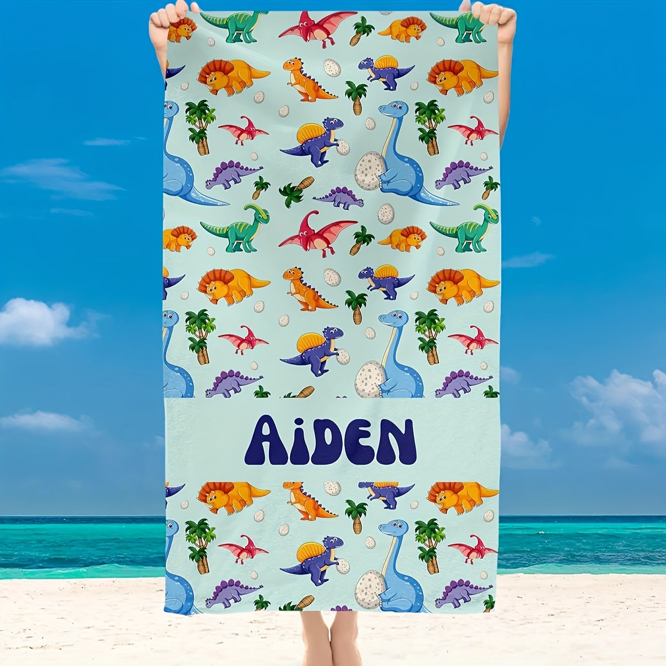 Personalized Dinosaur Beach Towel 51x71 Inches - Custom Text, Soft Microfiber, High Absorbency, Vibrant Dinosaur & Palm Tree Design, Large Bath & Beach Towel, Unique Gift for, Bath Towel | Custom Text Towel | Durable Beach Gear