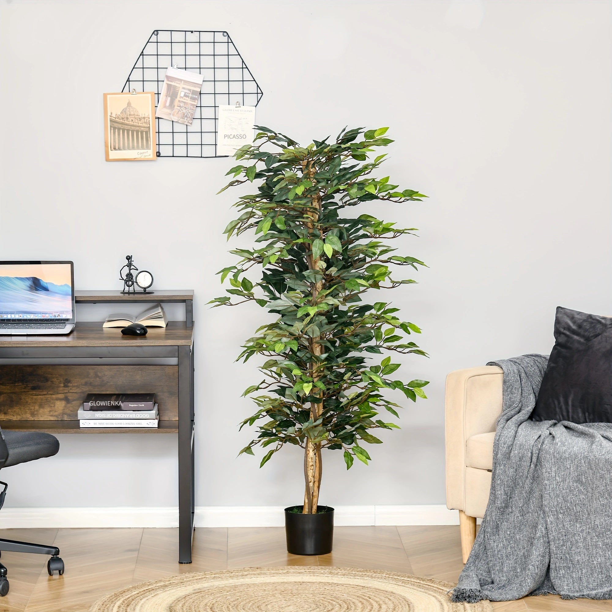 Arbre artificiel en Ficus de 5 pieds, faux arbre avec feuilles, plante artificielle dans un pot de pépinière pour la décoration intérieure et extérieure