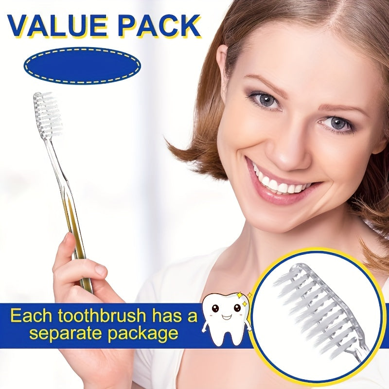 Un paquet de 50 brosses à dents jetables avec des poils mi-doux, des brosses à dents manuelles en nylon, emballées individuellement pour les voyages et les hôtels, adaptées aux soins bucco-dentaires des adultes.